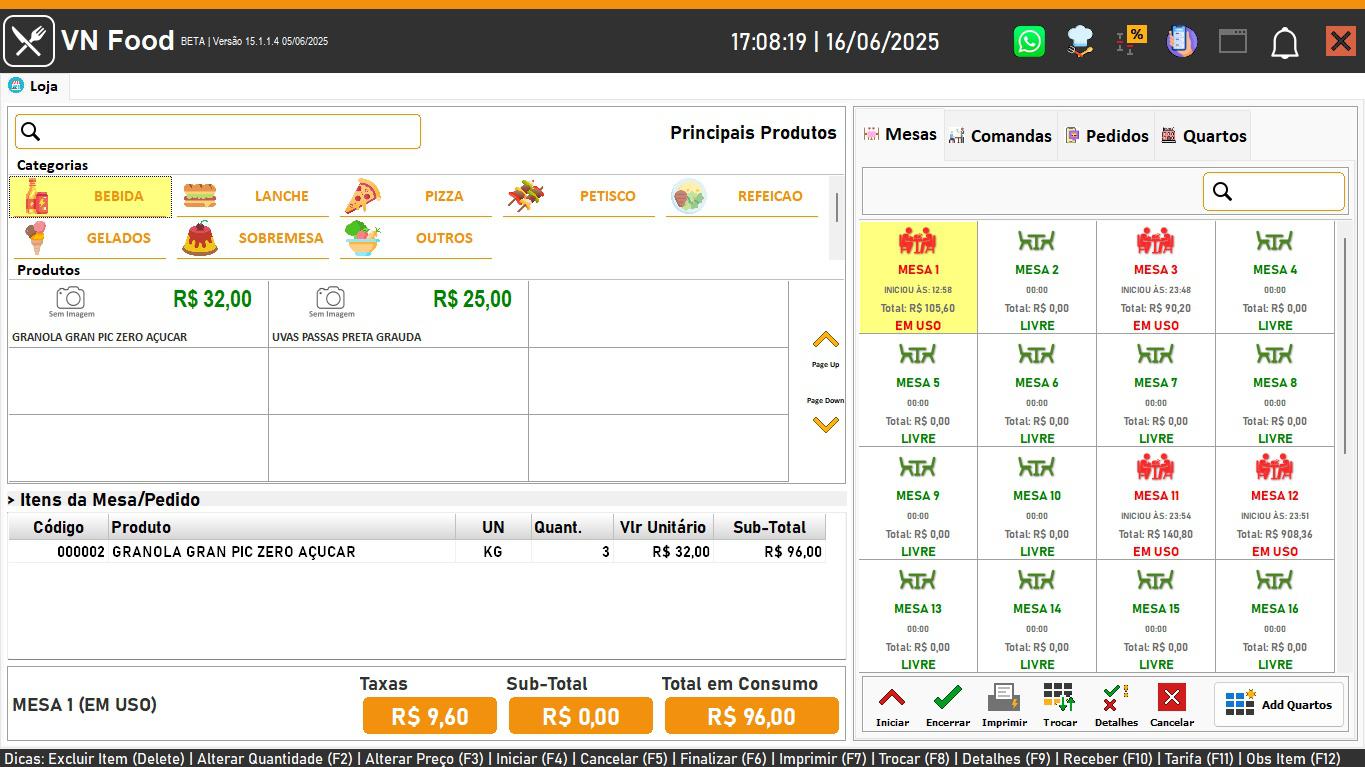 Módulo VN Food para Comandas e Mesas